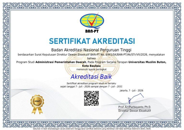 Program Studi Administrasi Pemerintahan Daerah Universitas Muslim Buton Raih Akreditasi Baik dari BAN-PT